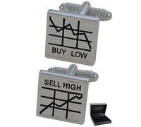 Gemelli Camicia Uomo Argento Colorato - Con Scatola - Ottone - Buy Low, Sell High - Colori Argento e Nero - Titoli e Azioni Finanza Quadrati Banchiere Agente di Cambio - Un Paio
