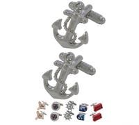 Gemelli Camicia Uomo Nautico - con Scatola - Ancoraggio della Nave - Nautico - Ancora - Ottone - Argento Colorato - Timone Barca Marinaio Yacht - Un Paio