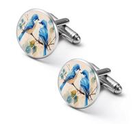 Gemelli con stampa di uccellini innamorati blu, 1 paio di gemelli rotondi per camicia da smoking, gioielli da uomo