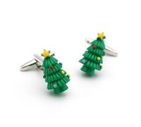 Gemelli da uomo a forma di albero di Natale, in ottone, colore verde, con design ad albero di Natale e confezione regalo