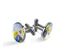 Gemelli da uomo, bouquet di ortensie blu e farfalla uno sfondo floreale gemelli per uomo, gemelli classici neri per abito camicia matrimonio lavoro compleanno gioielli regalo