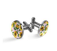 Gemelli da uomo, con illustrazione di girasoli verso il sole, gemelli classici neri per camicia, matrimonio, lavoro, compleanno, gioielli regalo