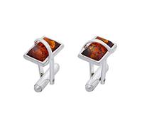 Gemelli da Uomo in Argento con Ambra, Forma Rettangolare Moderna, Ambra Naturale in Colore Cognac, Set Regalo