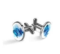 Gemelli da uomo, motivo vita marina, due delfini blu, illustrazione ad acquerello, gemelli classici neri per camicia, matrimonio, lavoro, compleanno, gioielli regalo