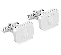 Gemelli da uomo placcati in oro bianco 18 K con iniziale incisa, in acciaio inox, con confezione regalo, personalizzabile con lettera dell'alfabeto A-Z Lux & Pair, Acciaio inossidabile, na