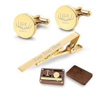 Gemelli e Fermacravatta Personalizzati con Scatola di Legno Incisi con Iniziali e Nome, Regali di nozze Personalizzati per lo Sposo, il Testimone di Nozze, il Padre, con Scatola Regalo in Legno