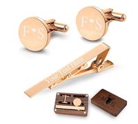 Gemelli e Fermacravatta Personalizzati con Scatola di Legno Incisi con Iniziali e Nome, Regali di nozze Personalizzati per lo Sposo, il Testimone di Nozze, il Padre, con Scatola Regalo in Legno