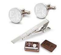 Gemelli e Fermacravatta Personalizzati con Scatola di Legno Incisi con Iniziali e Nome, Regali di nozze Personalizzati per lo Sposo, il Testimone di Nozze, il Padre, con Scatola Regalo in Legno