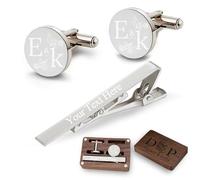 Gemelli e Fermacravatta Personalizzati con Scatola di Legno Incisi con Iniziali e Nome, Regali di nozze Personalizzati per lo Sposo, il Testimone di Nozze, il Padre, con Scatola Regalo in Legno
