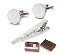 Gemelli e Fermacravatta Personalizzati con Scatola di Legno Incisi con Iniziali e Nome, Regali di nozze Personalizzati per lo Sposo, il Testimone di Nozze, il Padre, con Scatola Regalo in Legno