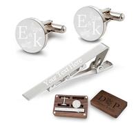 Gemelli e Fermacravatta Personalizzati con Scatola di Legno Incisi con Iniziali e Nome, Regali di nozze Personalizzati per lo Sposo, il Testimone di Nozze, il Padre, con Scatola Regalo in Legno