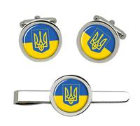 Gemelli e Fermacravatta Set Ucraina Stemma Crest Argento Set con Astuccio
