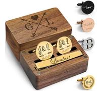 Gemelli personalizzati per uomo con iniziali gemelli personalizzati fermacravatta con scatola di legno incisa Gemelli con logo personalizzato per matrimonio per figlio, papà, sposo, testimone dello
