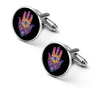 Gemelli rotondi colorati con mano di Fatima, mandala, occhio spirituale, gemelli per camicia da lavoro, matrimonio, festa del papà, regalo per festa del papà, 1.7cm, Metallo, Nessuna pietra preziosa