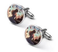 Gemelli rotondi con colomba e donna che suona il pianoforte, per lavoro, matrimonio, festa del papà, regalo per festa del papà, 1.7cm, Metallo, Nessuna pietra preziosa