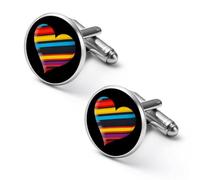 Gemelli rotondi LGBT con cuore arcobaleno grafico per camicia per affari, matrimoni, feste, festa del papà regalo, 1.7cm, Metallo, Nessuna pietra preziosa