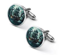 Gemelli rotondi per camicia a forma di nave pirati con polpo mostro pirati per affari, matrimoni, feste, festa del papà, 1.7cm, Metallo, Nessuna pietra preziosa
