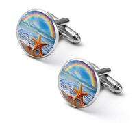 Gemelli rotondi per camicia con arcobaleno sopra il mare, nuvole e stella marina, per lavoro, festa di nozze, festa del papà, 1.7cm, Metallo, Nessuna pietra preziosa
