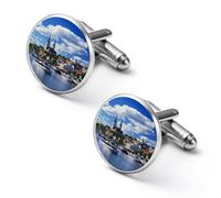Gemelli rotondi per camicia con città vecchia europea e porto marittimo Estonia, per affari, matrimoni, feste, festa del papà, 2.0cm, Metallo, Nessuna pietra preziosa