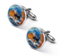Gemelli rotondi per camicia con paesaggio del lago dei cigni, per lavoro, matrimonio, festa del papà, regalo, 1.7cm, Metallo, Nessuna pietra preziosa