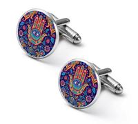 Gemelli rotondi per camicia, motivo mano di Fatima, con mandala, per lavoro, matrimonio, festa, festa del papà, 1.7cm, Metallo, Nessuna pietra preziosa