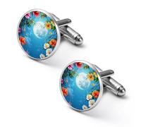 Gemelos de hombre con diseño de flor de hibisco y luna llena, gemelos de aleación para camisa, gemelos para esmoquin, accesorios para negocios y bodas.