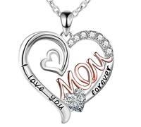 GemJelry Collana con ciondolo a forma di cuore con strass per mamma da figlia e figlio, con scritta "I Love You Mom", Argento, Strass