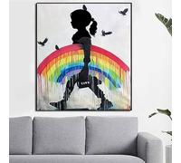 GEMMII Banksy Quadro Su Tela Rainbow Love Girl su tela con uccello nero dipinto Art Graffiti HD immagine impermeabile parete arredamento moderno 29,7x42 cm senza cornice