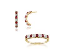 Gemondo 9ct Oro Giallo Rubino e Diamante Mezzo Cerchio Orecchini e Anello Set
