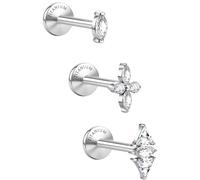 GEMQUEEN G23 - Orecchini a perno con retro piatto in titanio grado impianto, zirconia cubica 5A, ipoallergenici, 3 pezzi, 18 G, filettatura interna, per trago, cartilagine, conchiglia, elica, per