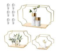 Gemsaya 3 mensole da parete rettangolari irregolari in metallo, 3 dimensioni, montaggio a parete, mensole galleggianti decorative geometriche dorate con impiallacciatura in legno impiallacciato per