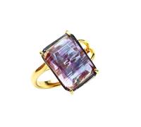 Gemstone Ring Open Adjustable Crystal Rectangle for Women，Rainbow Fluorite