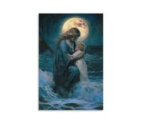 GEMTOFNMA Mary Kneels by The Shore, solleva un bambino che sta annegando dalle onde mentre la luce della luna si illumina intorno a lei come un aureola. Poster decorativo da appendere in stile
