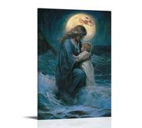 GEMTOFNMA Mary Kneels by The Shore, solleva un bambino che sta annegando dalle onde mentre la luce della luna si illumina intorno a lei come un aureola. Poster decorativo da appendere alla parete