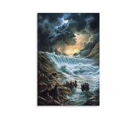 GEMTOFNMA Mosè parte il mare sotto un cielo illuminato da tempesta mentre famiglie terrorizzate attraversano le pareti dell'acqua ruggente. Poster decorativo da appendere in stile contemporaneo, 20 x
