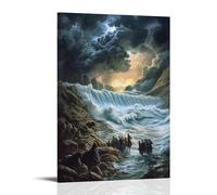 GEMTOFNMA Mosè parte il mare sotto un cielo illuminato da tempesta mentre famiglie terrorizzate attraversano le pareti dell'acqua ruggente. Poster decorativo da appendere in stile contemporaneo, 40 x