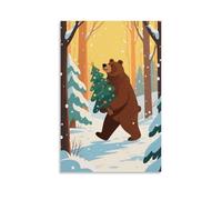 GEMTOFNMA Poster con animali, un orso bruno che porta un albero di Natale, camminando su un sentiero nella foresta innevata, poster artistico decorativo da appendere, arte artistica da appendere, 50 x