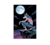 GEMTOFNMA Poster con animali, un ragazzo lupo che si accovaccia su una scogliera, guarda indietro sotto la luna, occhi selvaggi, poster artistico decorativo da appendere, arte artistica da appendere