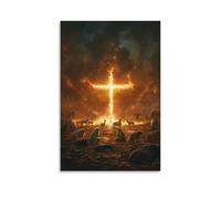 GEMTOFNMA Poster decorativo da appendere alla parete con la croce tra le bestie, in un campo in fiamme, animali inginocchiati in un anello intorno a una croce luminosa, poster decorativo da appendere