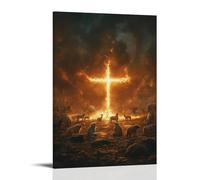 GEMTOFNMA Poster decorativo da appendere alla parete con la croce tra le bestie, in un campo in fiamme, animali inginocchiati in un anello intorno a una croce luminosa, poster decorativo da appendere