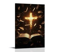 GEMTOFNMA Poster decorativo da appendere alla parete, con pagine della Bibbia cadono come piume intorno a una croce incandescente, ogni parola prende fuoco prima di rivolgersi all'oro. Poster