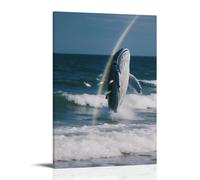 GEMTOFNMA Poster decorativo da appendere alla parete, motivo: balena blu che salta fuori dal mare, la pancia che riflette un doppio arcobaleno, con pesci luminosi nascosti tra le onde, poster