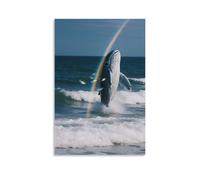 GEMTOFNMA Poster decorativo da appendere alla parete, motivo: balena blu che salta fuori dal mare, la pancia che riflette un doppio arcobaleno, con pesci luminosi nascosti tra le onde, poster