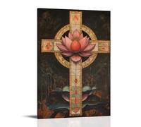 GEMTOFNMA Poster decorativo da appendere alla parete, motivo: One Truth, Many Symbols, croce e loto, 60 x 90 cm