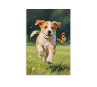 GEMTOFNMA Poster decorativo da appendere alla parete, motivo: un cucciolo che insegue una farfalla, che corre attraverso il prato, 40 x 60 cm