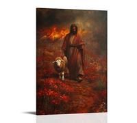 GEMTOFNMA Poster decorativo da appendere con Gesù cammina con un leone e un agnello, ogni passo sotto di loro, con fiori dalla terra bruciata. Poster decorativo da appendere in stile contemporaneo, 40