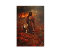 GEMTOFNMA Poster decorativo da appendere con Gesù che cammina con un leone e un agnello, ogni passo sotto di loro, con fiori dalla terra bruciata. Poster decorativo da appendere in stile contemporaneo