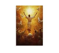 GEMTOFNMA Poster decorativo da appendere con Gesù che cavalca in un alba dorata, braccia sollevate sopra una tomba vuota, colombe che si alzano nel cielo appena risvegliato. Poster artistico
