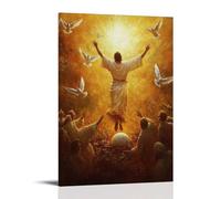 GEMTOFNMA Poster decorativo da appendere con Gesù che cavalca in un alba dorata, braccia sollevate sopra una tomba vuota, colombe che si alzano nel cielo appena risvegliato. Poster decorativo da