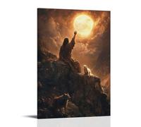 GEMTOFNMA Poster decorativo da appendere con Gesù che posiziona l'agnello su un altare di pietra e alza la mano verso il cielo e tutti i lupi svaniscono. Poster decorativo da appendere in stile
